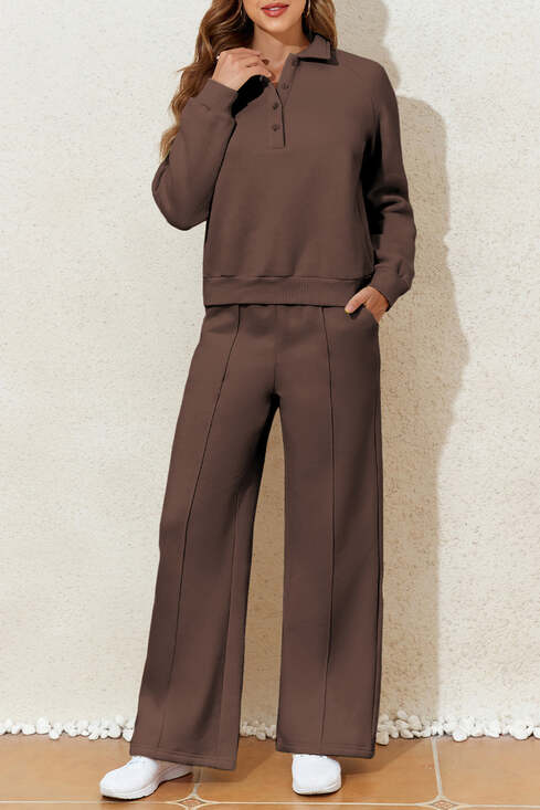 & Other Stories Pants - Dark Brown Solid Collared Sweatshirt and High Waist Pants Active Set
